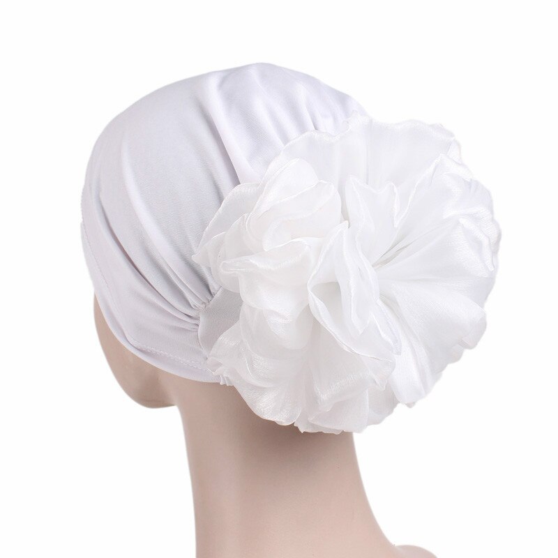 Grote Bloem Vrouwen Tulband Hoed Moslim Hoofddoek Stapel Hoop Cap Vrouwen Zachte Comfortabele Hijab Caps Islamitische Chemotherapie Hoed: WHITE