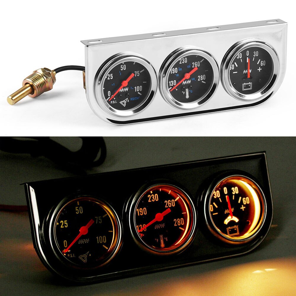 2 &quot; 52mm krom panel olietryksmåler vand temp måler amp meter triple gauge sæt sæt sort ansigt bilmåler  yc101324