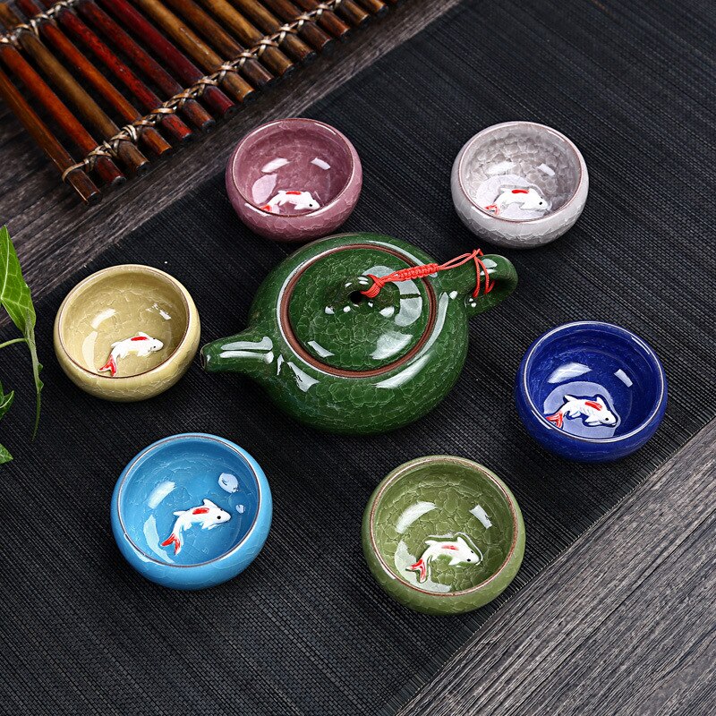 Newl Celadon Fish Tea Set Ceramic Kettle Ceramic Tea Cup Fish Chinese Kung Fu Tea Chinese People Ceramic Kung Fu Tea Set TE889: colorful