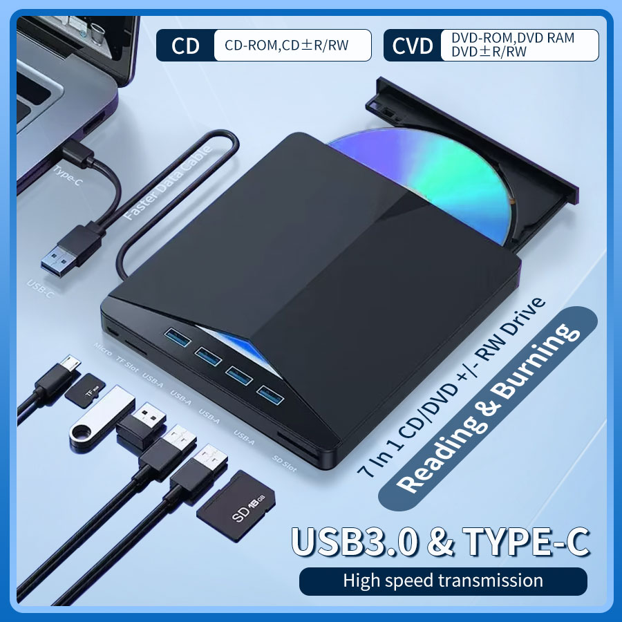 USB 3.0 Typ C Externe DVD RW CD Optische Laufwerke 7-in-1 Fach Typ DVD Brenner Recorder Reader Player für Laptop PC Desktop IMacs