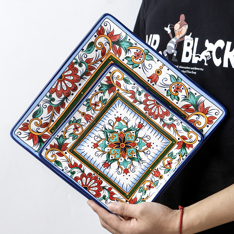 European Style Ceramic Retro Dinner Plates Square Western Food Steak Dishes For Serving Rice Soup Bowl Hand-painted Tableware