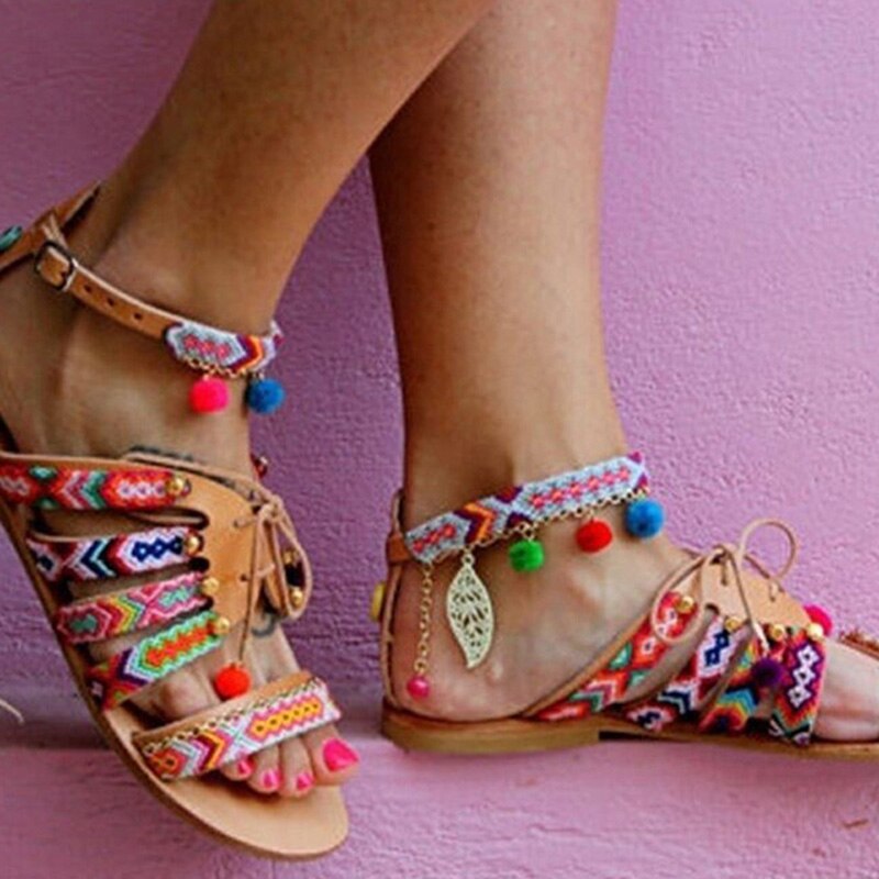 Sandalias de las mujeres zapatos de verano bohemio sandalias gladiadoras de cuero pisos zapatos de verano Zapatos Sandalias playa Mujer para las mujeres Sandalia Mujer