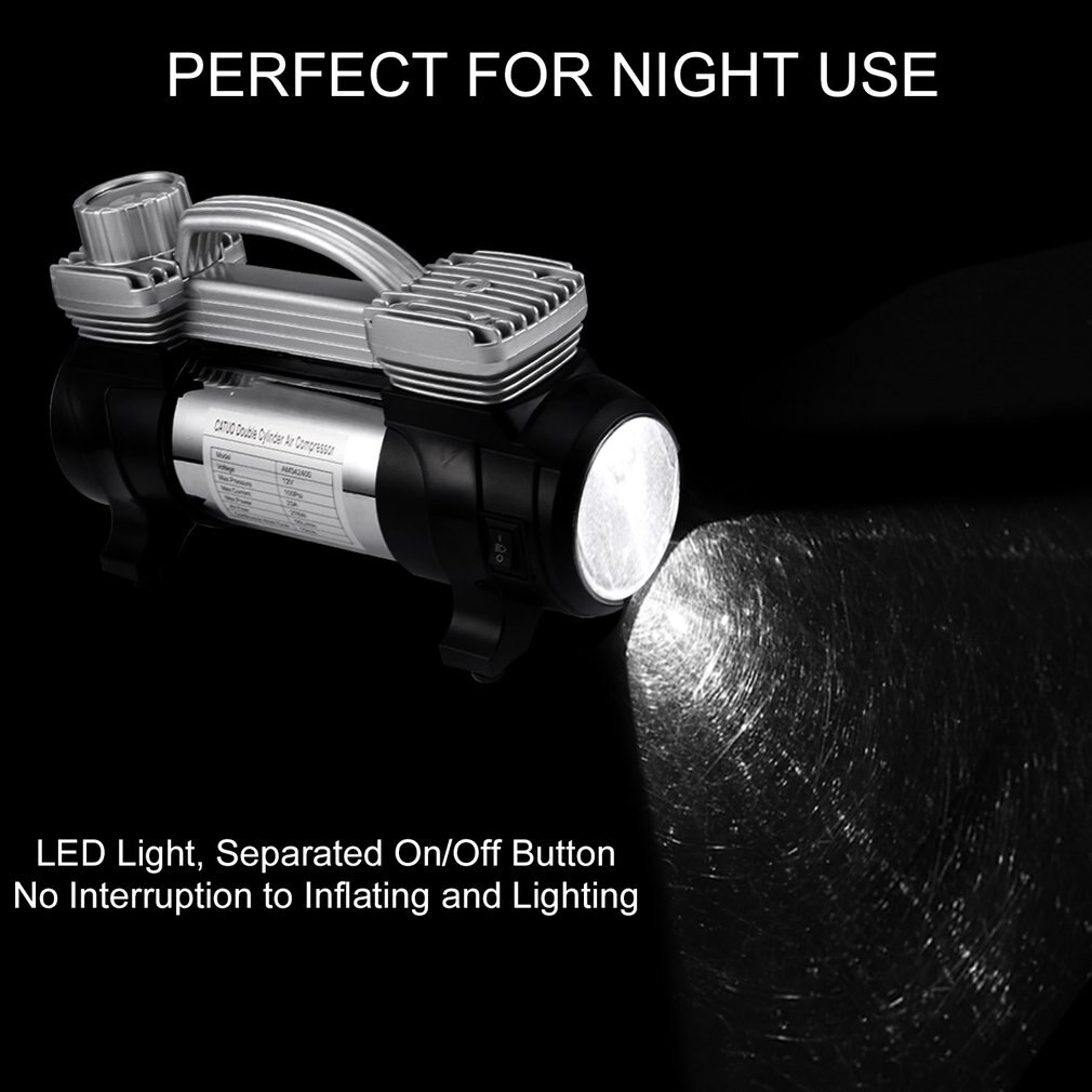 Portable Double Cylinder Air Compressor Tire Inflator High Power 12V DC Pump to 100 Psi With LED Light Thermal