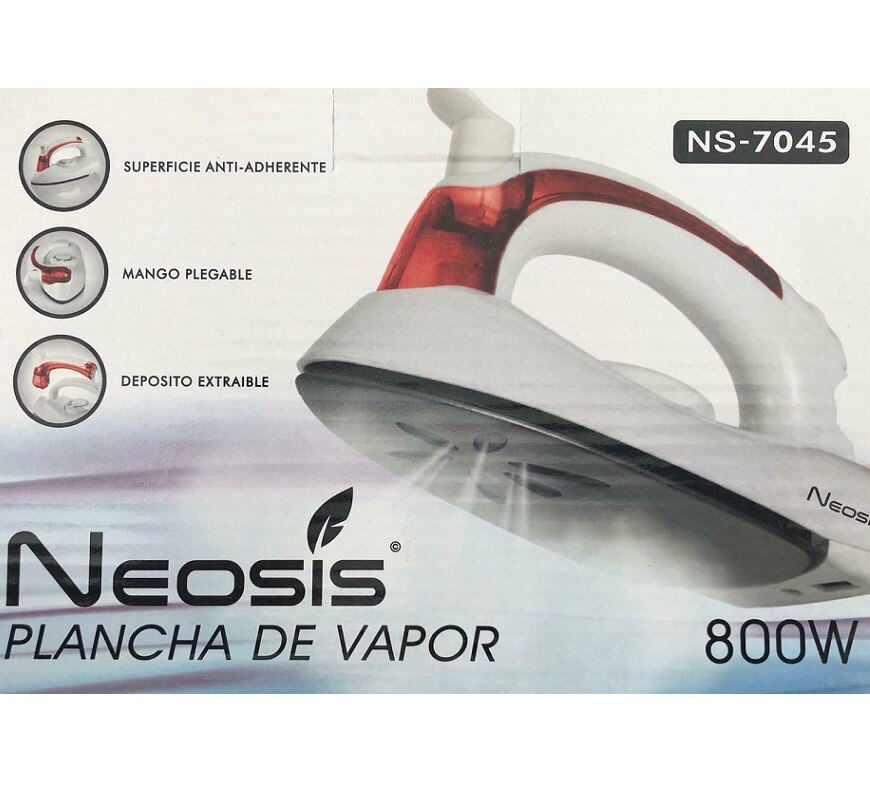 Neosis Plancha de vapor para ropa 800W Mango plegable Superficie anti-adherente Depósito extraíble Rojo Purpura Azul y Verde