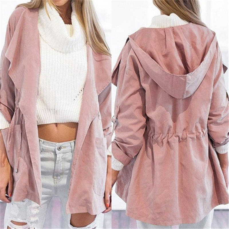 Herfst dames casual capuchon windjack jas omslagkraag overjas bovenkleding jas effen kleur trenchcoat riem slanke tops jas