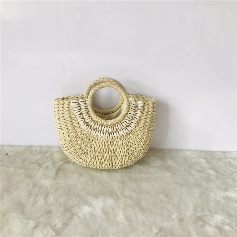 Frau Neue Kreative Hülse Mond Stroh Tasche Schal Haar Ball Dekoration Stroh tasche Tragbare Gewebt Strand Handtasche: Beige klein