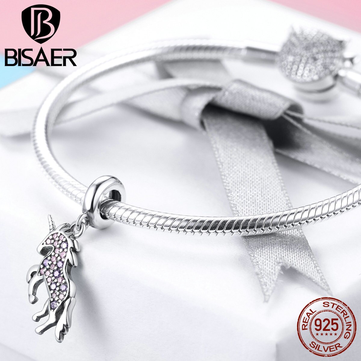 Unicorn BISAER 925 Sterling Silver Licorne Animal Beads Lucky Pendant fit Women Charm Bracelets Silver Beads for Jewelry Making