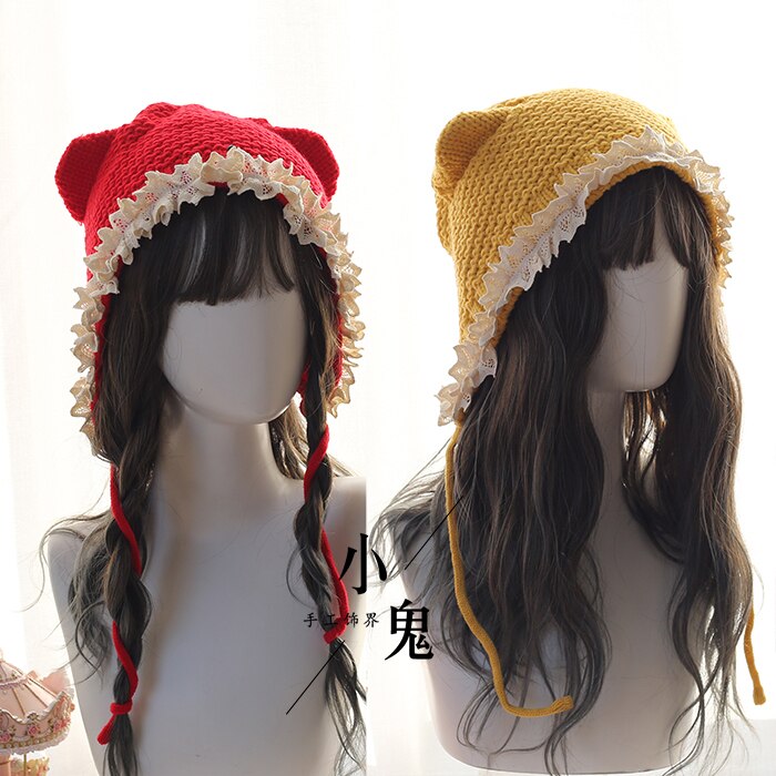 Lindo gato japonés orejas Lolita suave hermana gorro lana gorro niñas Otoño Invierno Kawaii sombrero de encaje atado cálido sombrero hecho a mano tocado