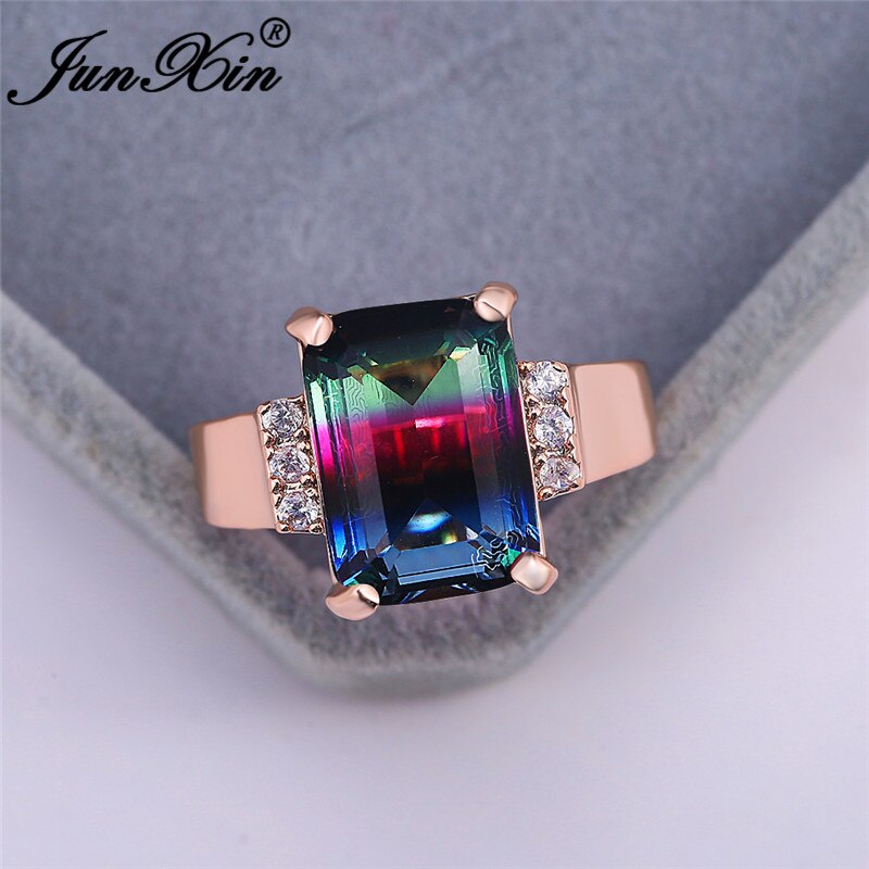 Vintage Vrouwelijke Mannelijke Zwart Groen Blauwe Steen Ring Rechthoek Zirconia Wedding Bands Engagement Ringen Voor Vrouwen Mannen Sieraden: 6 / Rose Gold Rainbow