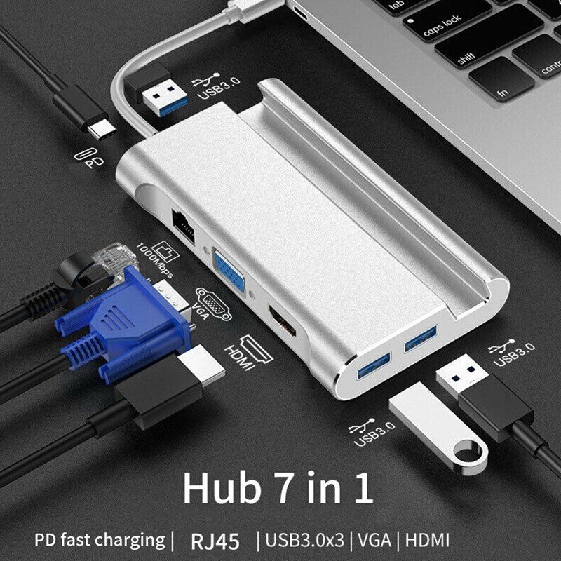 7 In 1 Type C Docking Station Hdmi Usb 3.0 Hdmi Vga RJ45 Pd Usb Hub Adapter Voor Laptop Pro dock Hub