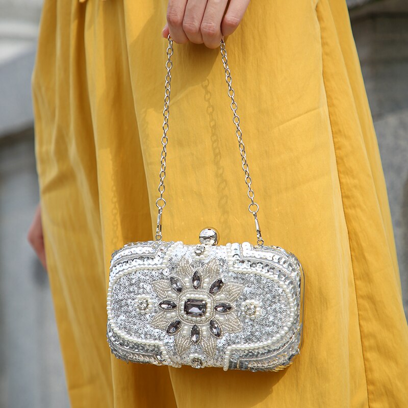 Silver Clutch Purse Glitter Women Beaded Clutch Evening Bags With Chains Handbag Wedding Party Bag Banquet pochette femme w611