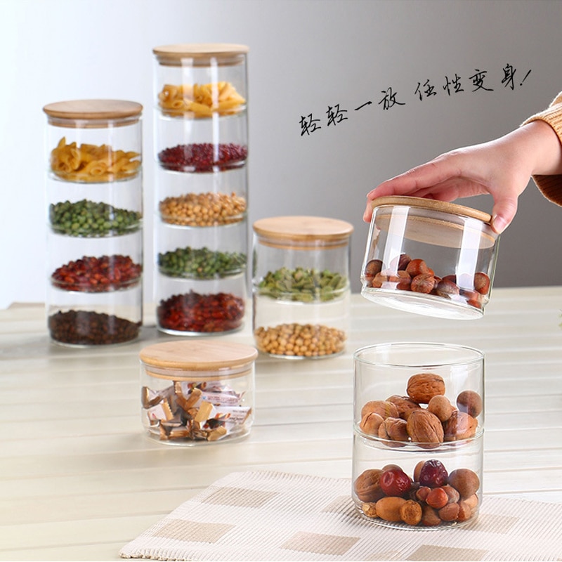 1200 ml 3-layer glass can kitchen food bulk container set for spice dry fruit storage tank salad bowl box