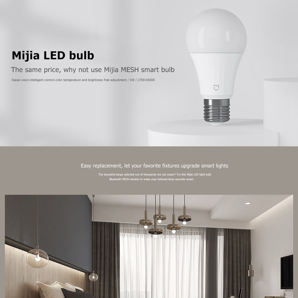 Xiaomi Mijia 5W E27 Bluetooth malla inteligente LED Bombilla 2700-6500K regulable Control de voz iluminación del hogar lámpara de noche linterna MJDP09YL