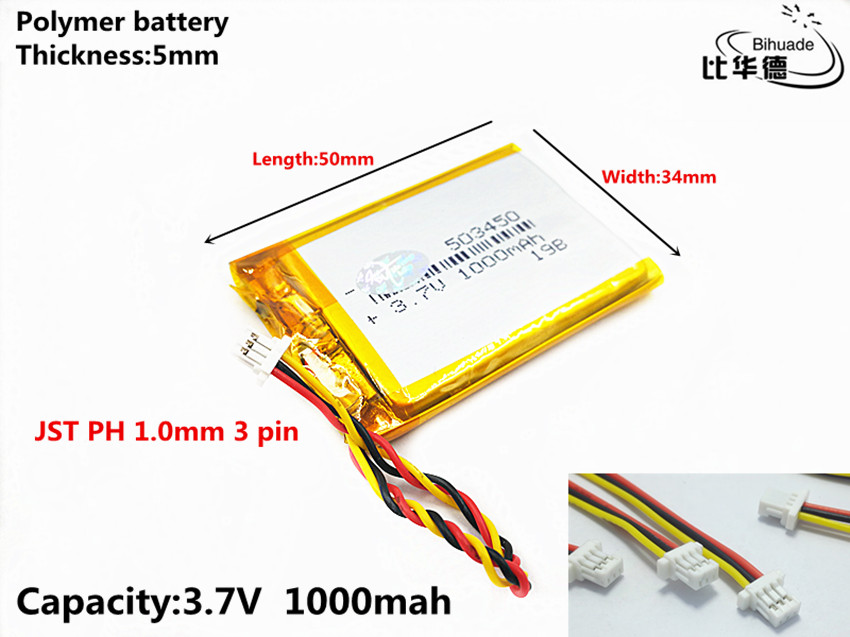 Jst  ph 1.0mm 3 -pin, hochwertige 3.7v,1000 mah 503450- polymer-lithium-ionen-batterie (li-ion) für tablet-pcs, powerbanks ,mp3,mp4 gps-geräte