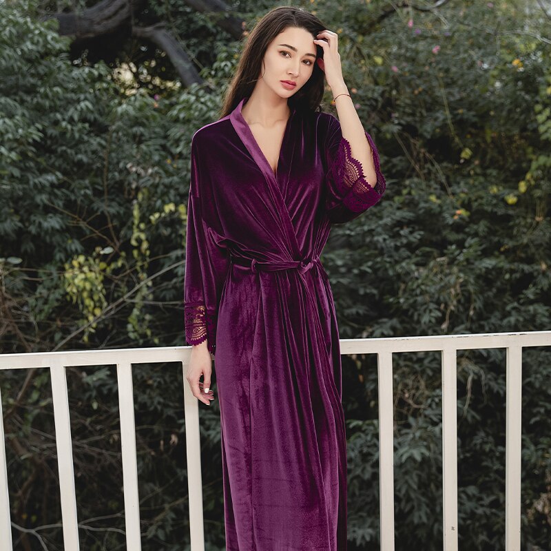 Bridesmai-Albornoz largo de terciopelo para mujer, bata de encaje para , suave, peluda, para boda, color morado