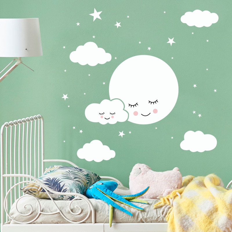 Respetuoso con el medio ambiente blanco nubes de dibujos animados Luna pegatinas de pared bebé habitación niños removible de decoración de habitación vinilo pared calcomanías habitaciones decoración del hogar