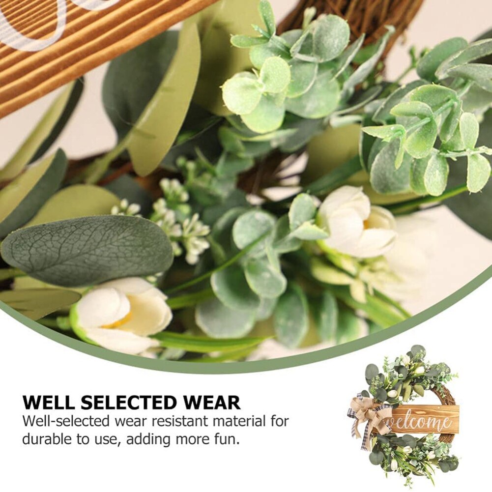 Couronne d'eucalyptus artificielle pour porte d'entrée, guirlande de feuilles de tulipe, signe de bienvenue, décoration de porche pour printemps et été