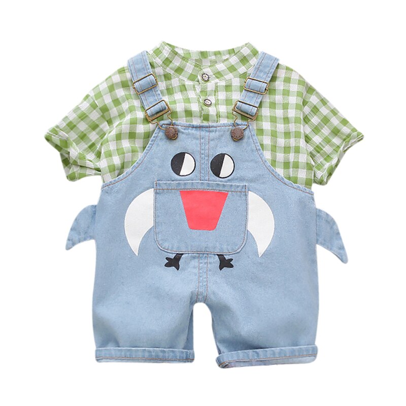 Sommer Kleinkind Jungen lässig Denim Overall Baby freundlicher Grün Plaid kurzarm Shirt Hosenträger Schlauch: B / 2-3T