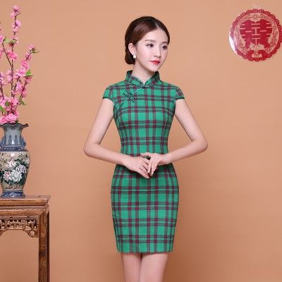 Sheng coco grønt gitter chipao kjoler kvinne mini cheongsam qipao skrå rutete kort klassisk slank sommer kjole i orientalsk stil: S