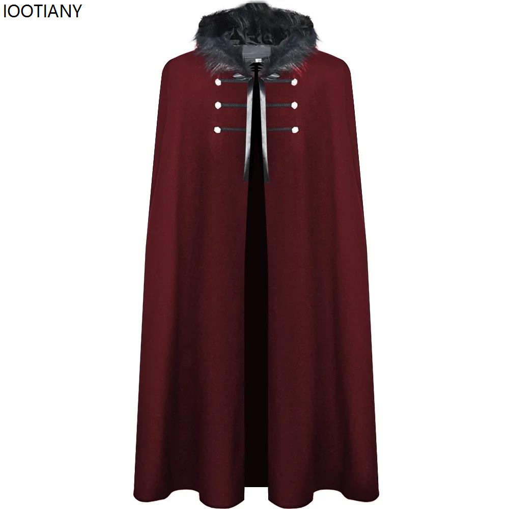Medieval King General Cosplay Capes Halloween Festival Party Viking Hooded Fur Collar Cloak Vintage Solid Colour Steampunk Coats: Beige