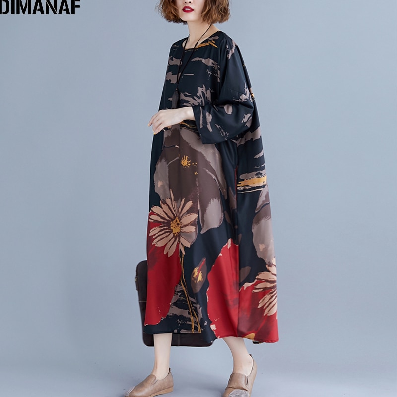 DIMANAF Plus Size Vrouwen Jurk Print Herfst Vintage Vestidos Chinese Stijl Elegante Vrouwelijke Lady Lange Mouwen Oversize Losse Jurk