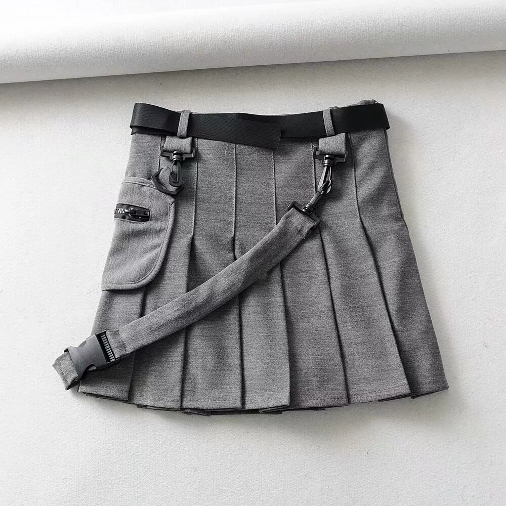 Faldas plisadas con cinturón Vintage para mujer, minifalda negra de cintura alta con bolsillos, ropa de calle, falda de Oficina Coreana,: Gris / XS