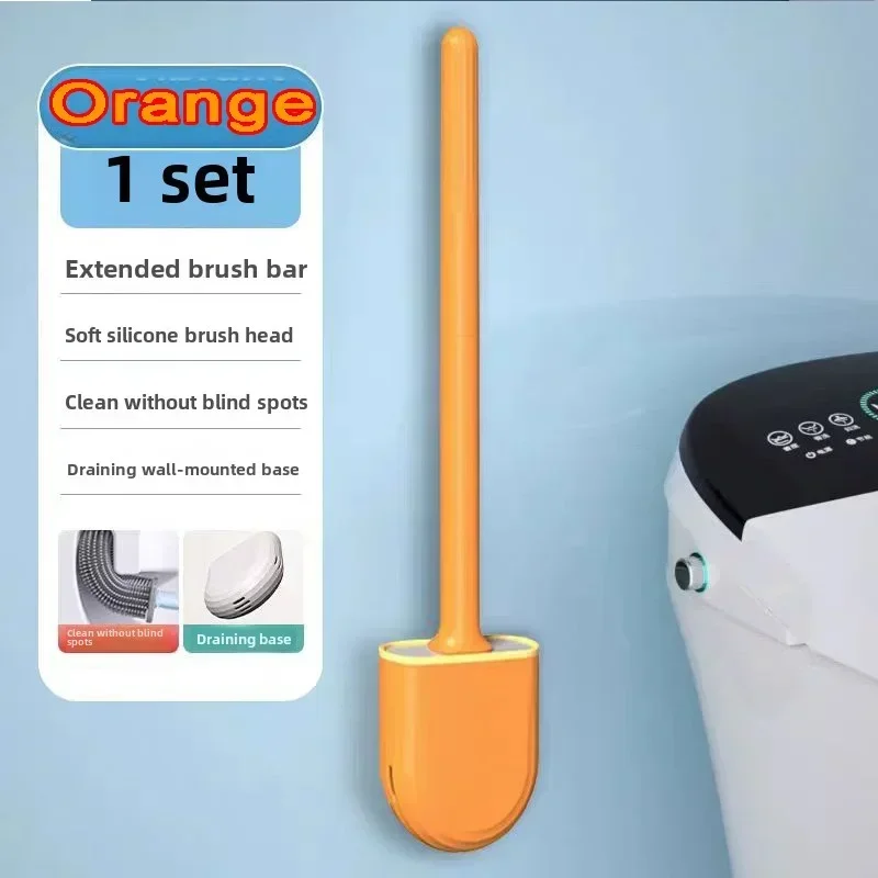 Escobilla de baño para inodoro, escobilla de baño montada en la pared, cabezal de cepillo plano de silicona, juego de cepillos limpiadores suaves de secado rápido, cepillo de limpieza: naranja
