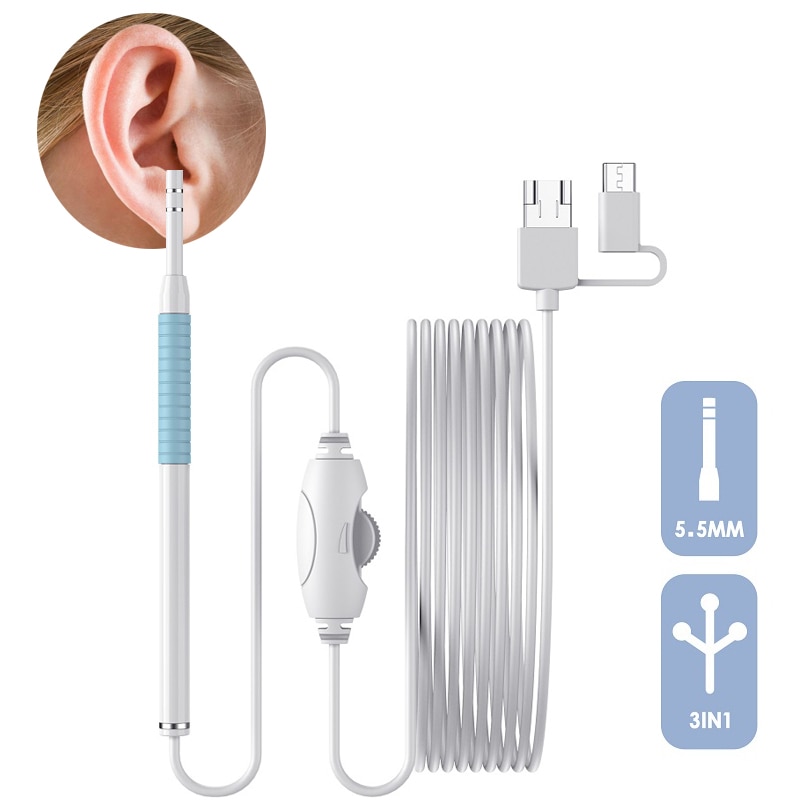 Ear Cleaning Endoscope Small 5.5mm 3 In1 Visual Ear Pick Cleaner Camera USB Ear Spoon Type C Ear Otoscope Borescope For Android