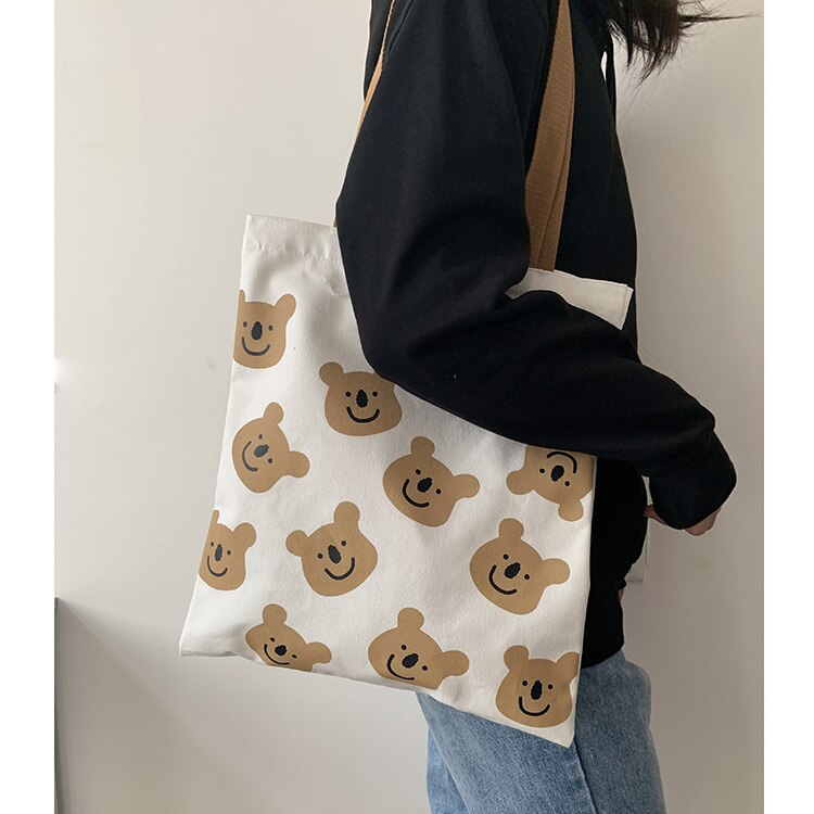 Grote canvas tassen voor dames, boodschappentas voor dames, opvouwbare schoudertas met kleine beerprint, eco-tassen, shopper: 001