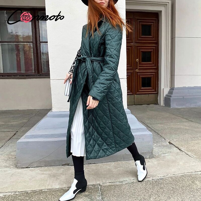 Conmoto Lange Rechte Jas Met Ruit Patroon Casual Sjerpen Vrouwen Winter Parka Diepe Zakken Maat Kraag Stijlvolle Bovenkleding: green / L