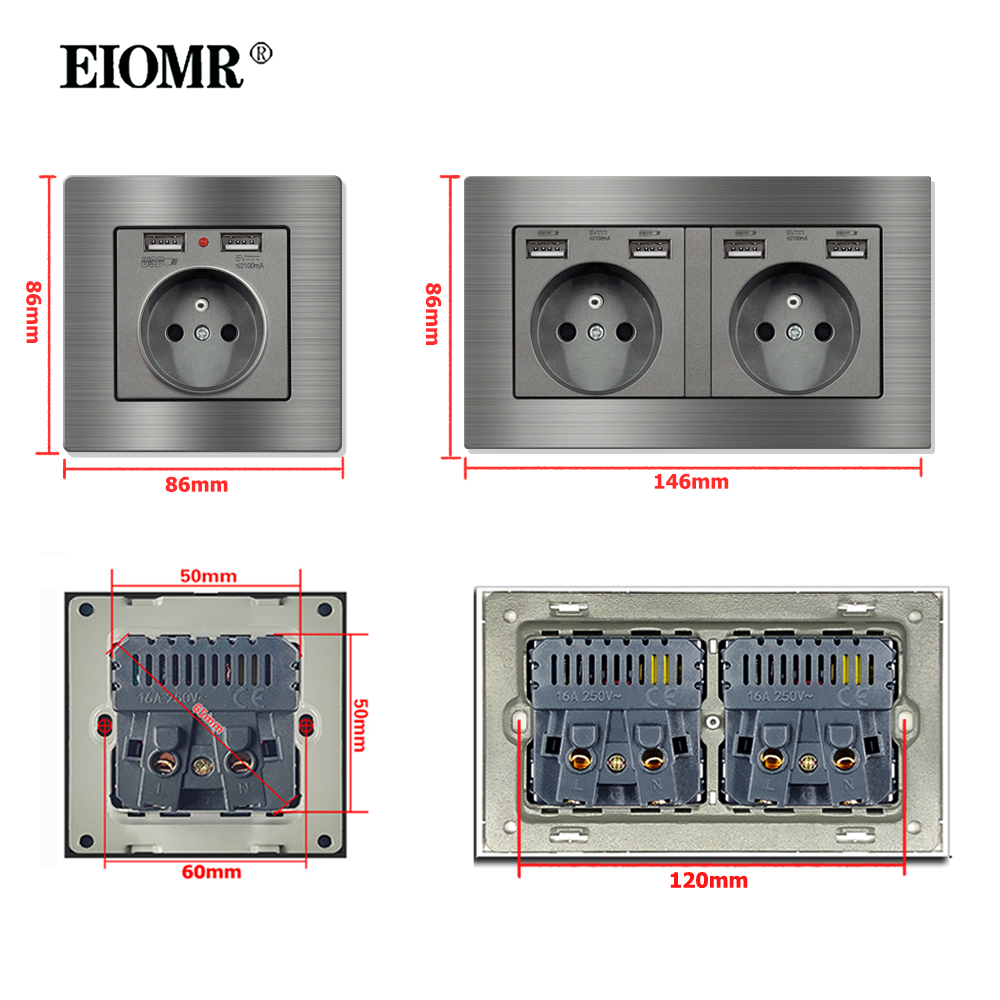 EIOMR France Standard Prise Électrique Gris En Alliage D'aluminium Panneau Interrupteur Rj45 Tv 220V 16A Prises Murales pour Appareil Ménager