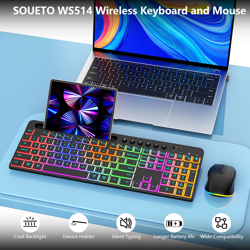 Ergonomiczna bezprzewodowa klawiatura i mysz 2.4G z uchwytem na telefon 1600 DPI podświetlana ładowalna klawiatura i mysz zestaw dla Win7/8/10/11