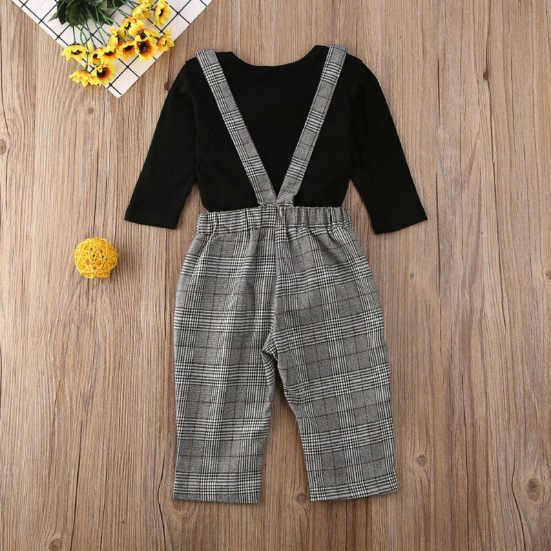 Cathery lillasyster bror matchande outfits byxa hängslen byxor spets volang t-shirt rutig kjol pannband klädsats