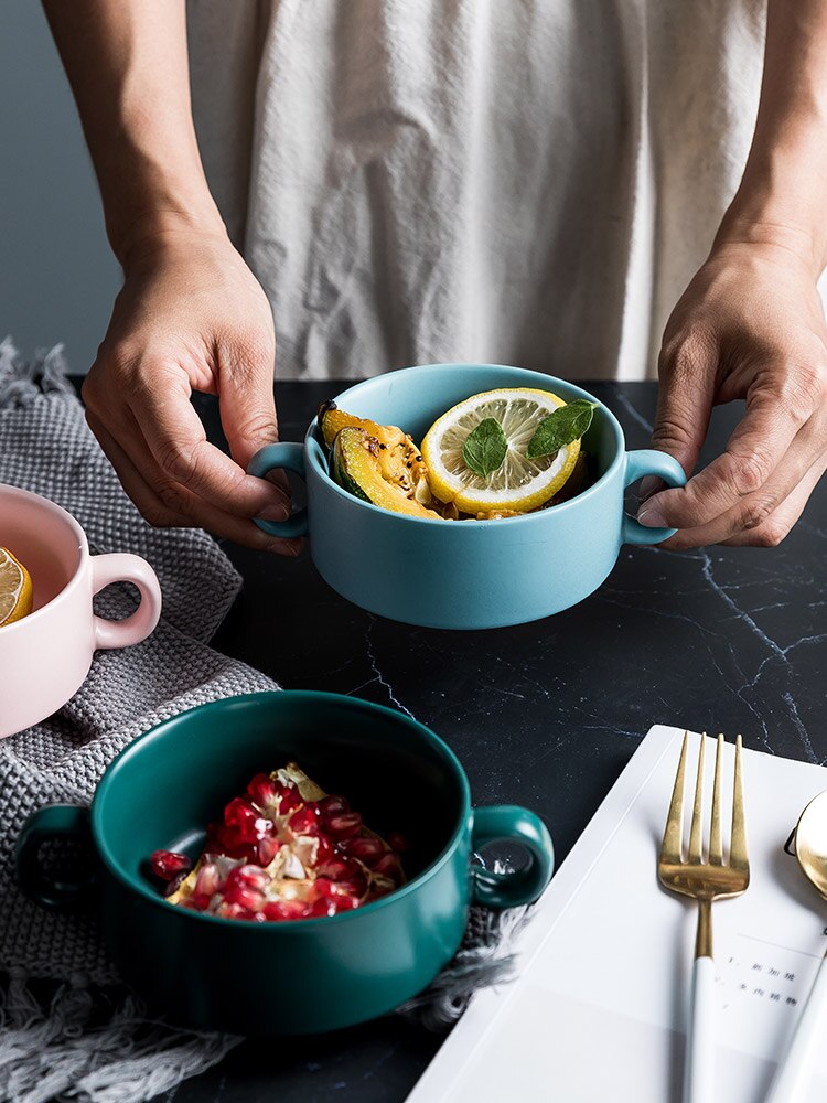 Europäischen Stil Keramik Binaurale Runde Backen Schüssel Gedämpfte Ei Nachtisch Kuchen Snack Schüssel Ofen Spezielle Suppe Frühstück Schüssel Geschirr