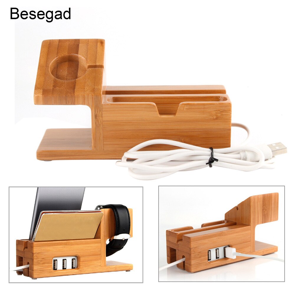 Besegad Hout Opladen Charger Station Dock Stand Houder W/3 Usb Hub Port Voor Apple Horloge Iwatch 2 3 4 Iphone X 8 7 6 6 S Plus