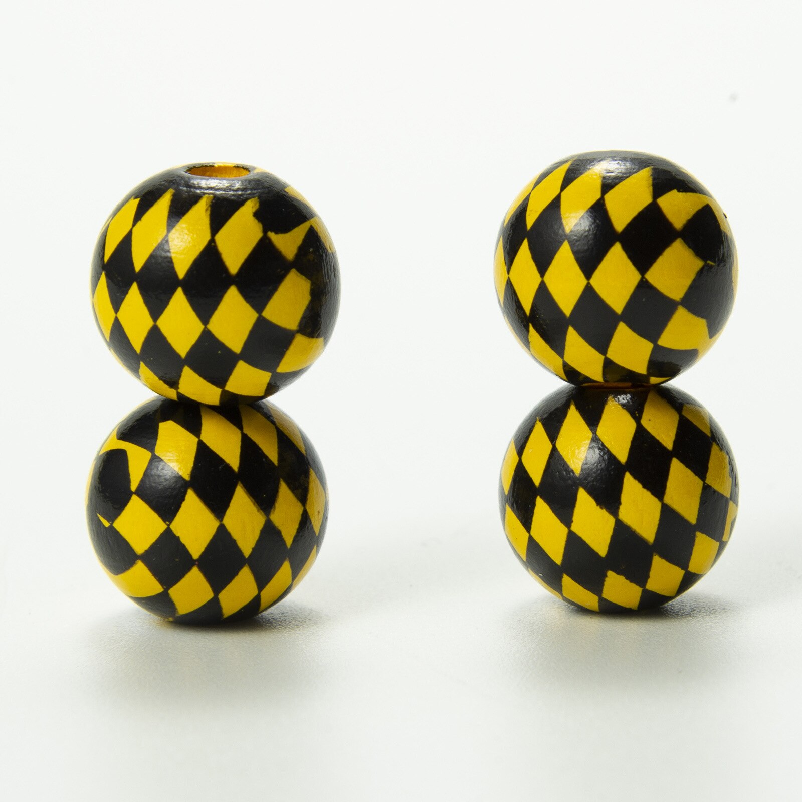 Perles rondes en bois de couleur Hemu, 16mm, impression de treillis de diamant coloré, décoration en bois personnalisée, artisanat, accessoires de Bracelet jouet pour enfants: Black Yellow grid / 20pcs