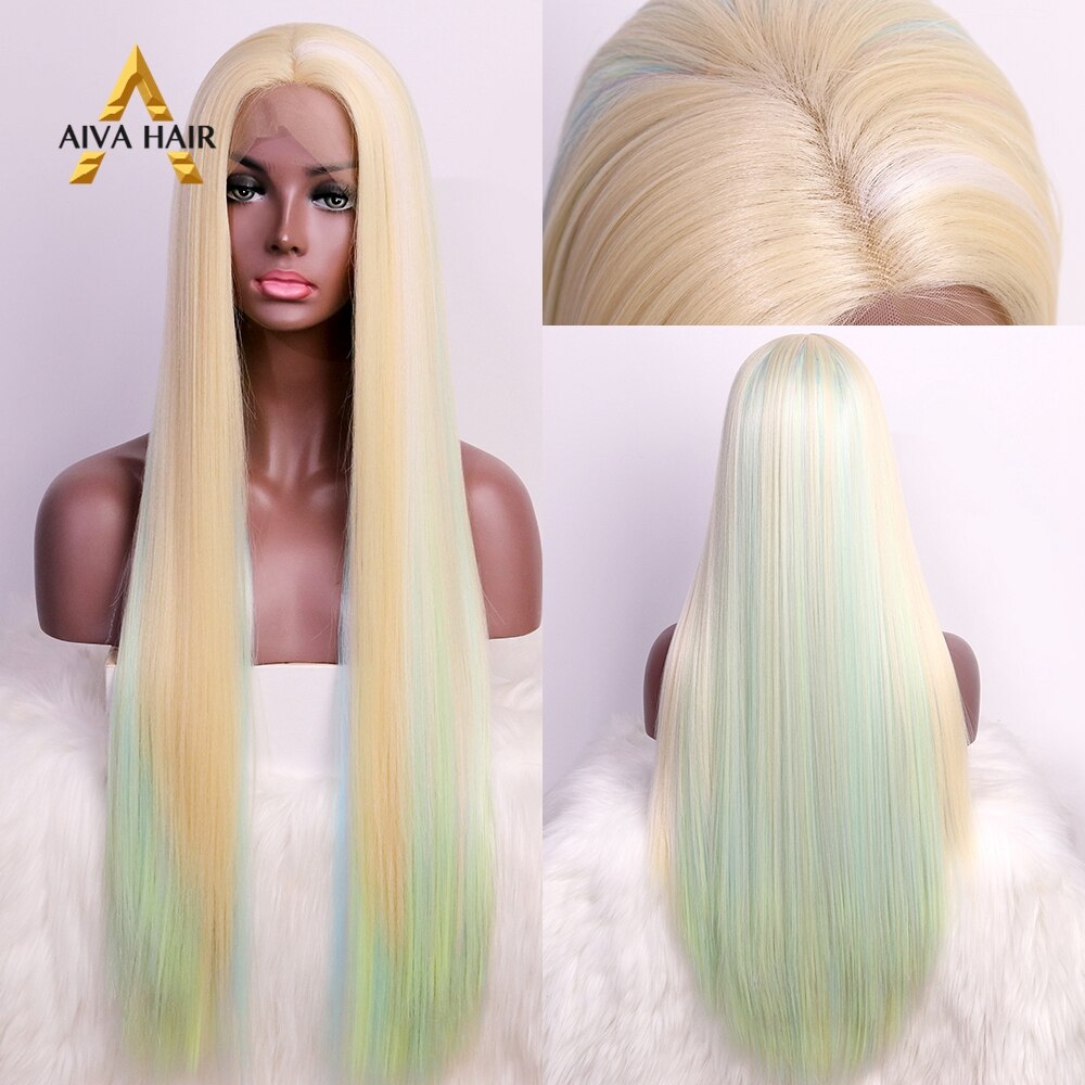 Regenboog Straight Synthetische Kant Aiva Lange Blonde Drag Queen Pruik Cosplay Synthetisch Haar Lace Pruiken Voor Zwarte Vrouwen