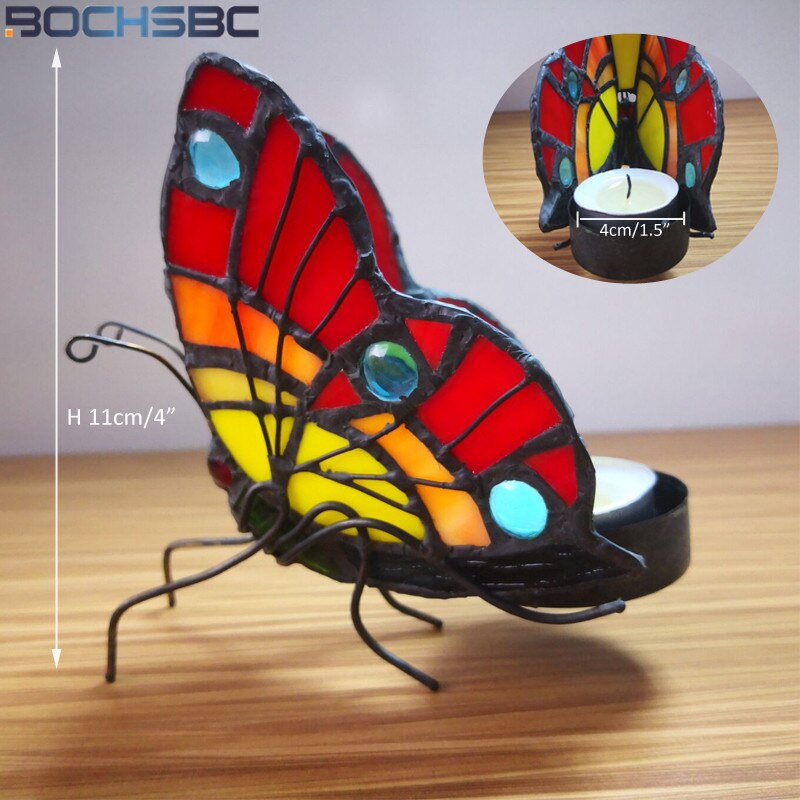 BOCHSBC Tiffany Vlinder Gekleurd Glas Kaars Houder Slaapkamer Nachtlampje Nachtkastje Theelichthouder Home Deco Sfeer Verlichting