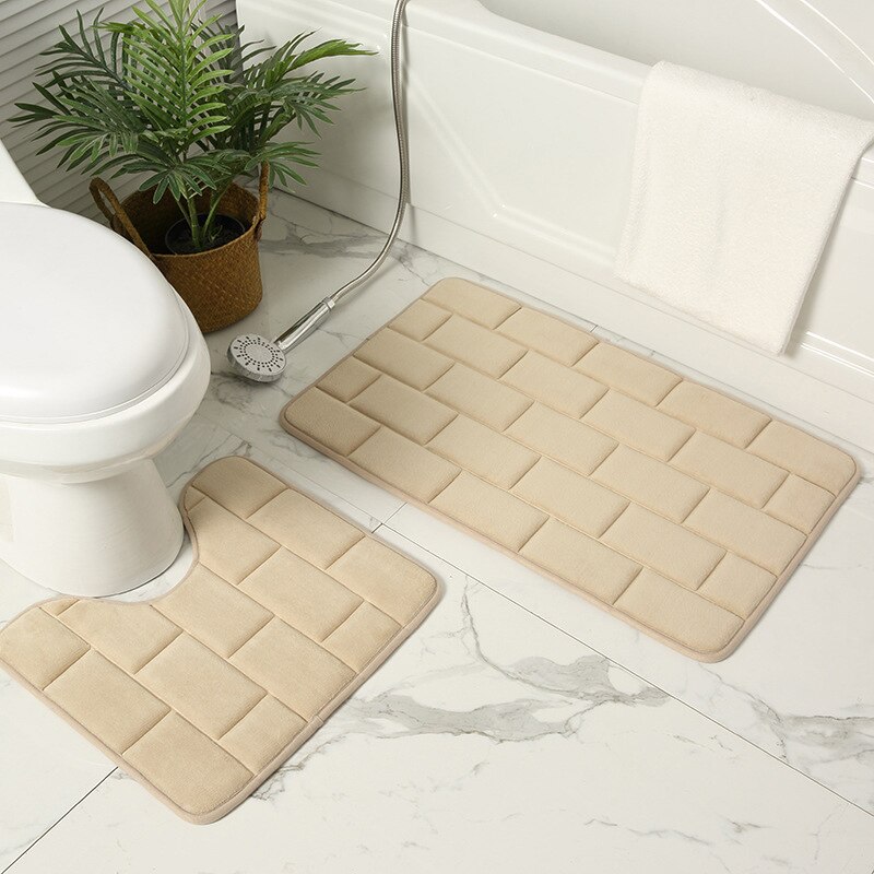 2 Piece Set Bath Floor Mat Absorbent Non-Slip Shower Room Door Mats Toilet Floor Mat Washable and Absorbent Soft Bathroom Rug: Khaki