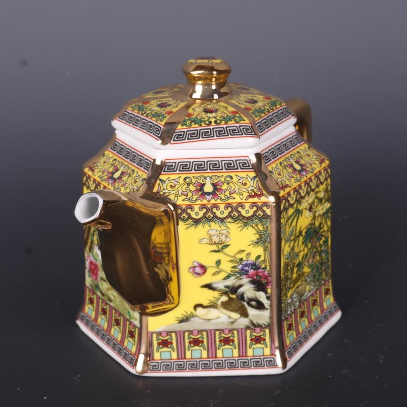 Qing qianlong målad guld emalj blomma och fågel tekanna antikt porslin antik teceremoni prydnad antik samling