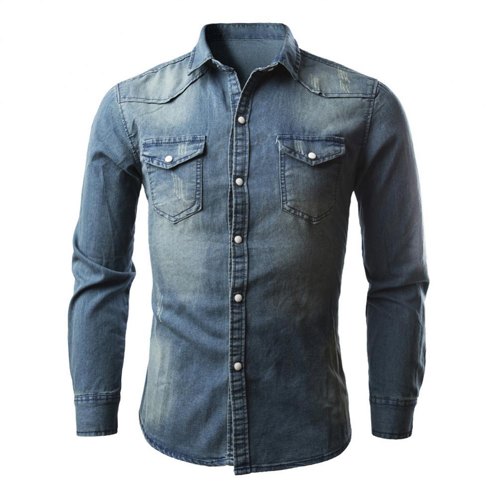 Chemise à manches longues pour hommes, Streetwear décontracté, , Hipster, col à revers, Denim