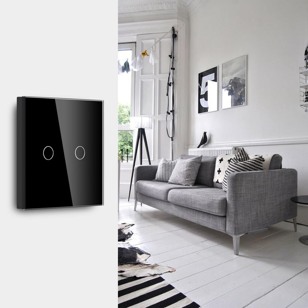 Bseed Touch Switch 2Gang 1Way 2Way Wall Switch EU Standard Luxury Glass Panel Touch Light Switch Black White Golden Switches