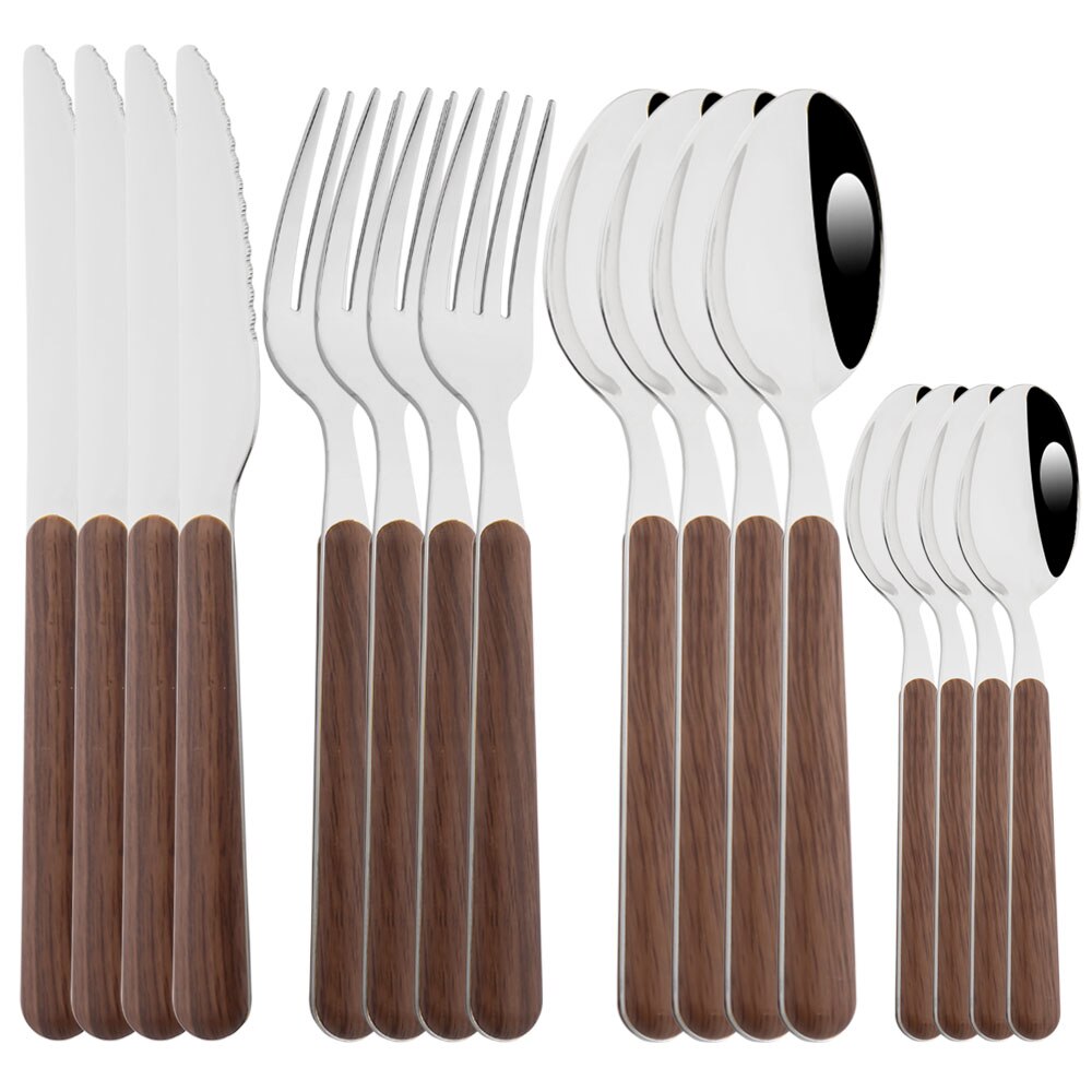 Drmfiy 16/24P Dinnerware Set Imitation Wooden Handle Cutlery Set Western Silverware Knife Fork Spoon Storage Rack Tableware Set: 16Pcs Brown silver