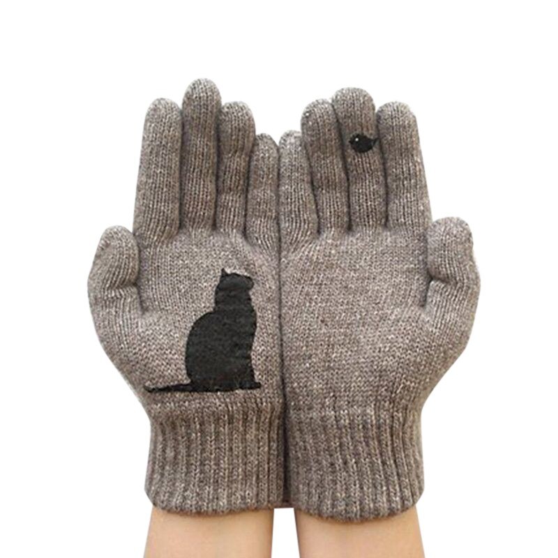 1Pair Women Girls Lovely Winter Warm Hand Protection Gloves Cartoon Cat And Bird Printed Gloves Mitten: khaki