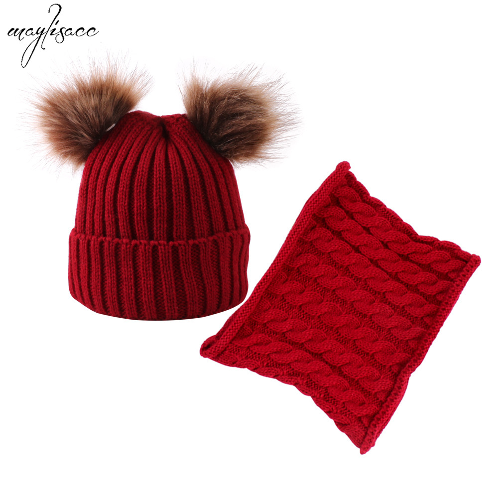 Maylisacc Autumn Winter Warm Hat Scarf Snood 2 Pcs Set for 1-4 years old children Boys and Girls Acrylic PomPoms Hats