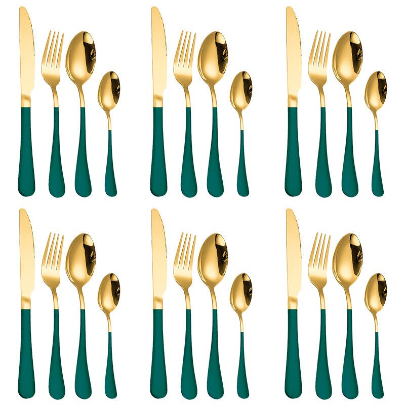 24PCS Western Kitchen Dinnerware Stainless Steel Cutlery Steak Knives Forks Dessert Spoon Tableware Set Box Party Wedding: 24PC Green Gold