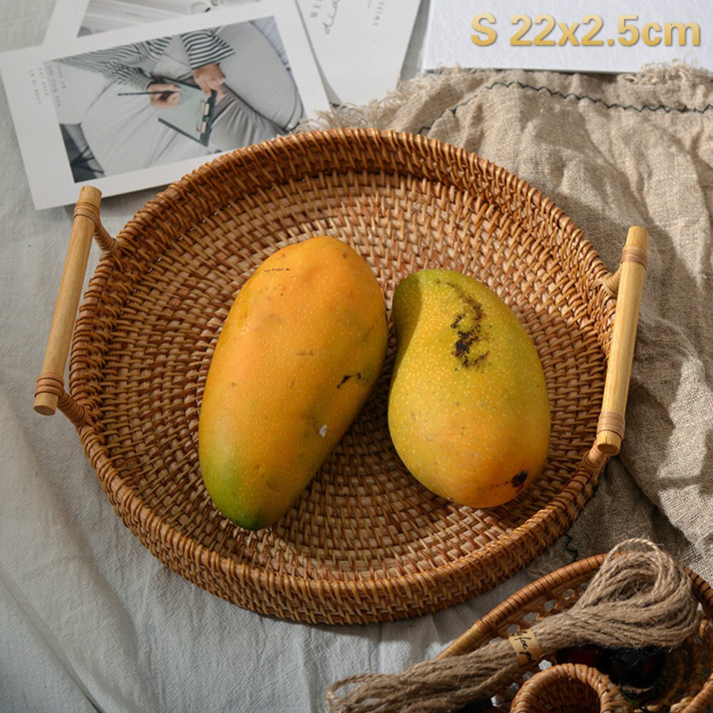 Rotin tissé à la main en osier panier rond haute paroi plateau de séparation des plateaux de stockage des aliments plaque sur les poignées pour le petit déjeuner boisson Snack: S 22x2.5cm