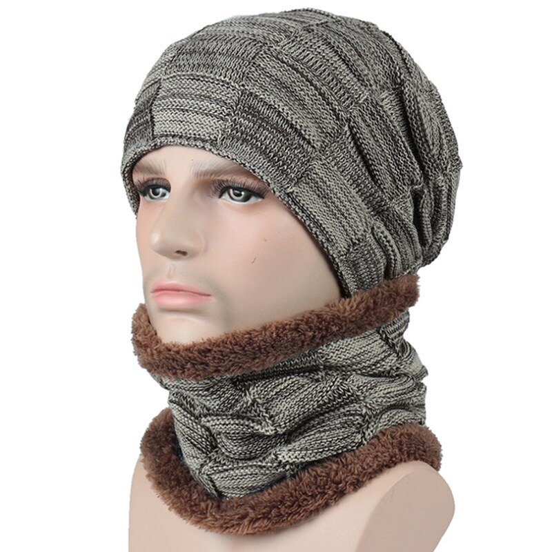 Nyaste varma mössor för män casual stickad mössa halsvärmare vintermössor för män utomhus skullies mössor varm fleecehatt: Kaki