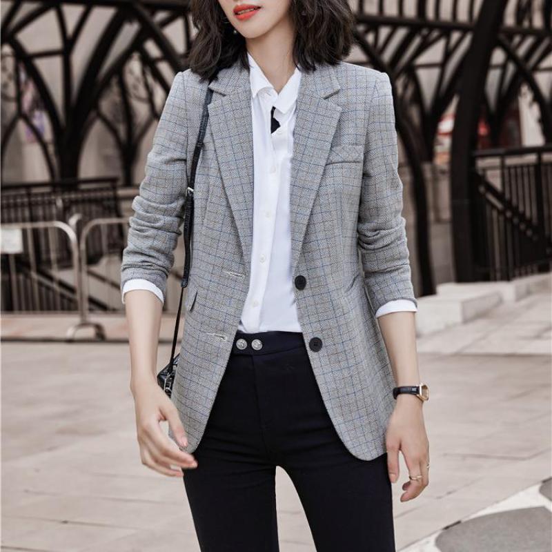 Lauri laki rutig kavaj dam kontorskläder långärmad kavaj kostym mujer vintage gitter plazer jacka plus size khaki