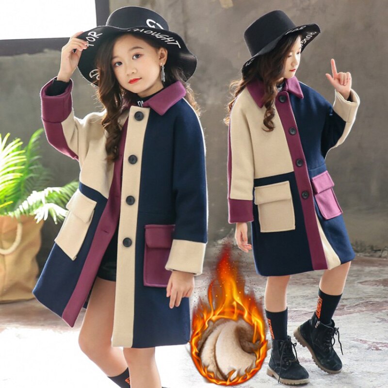 Autumn Winter Long Wool Coat for Girls Teenager Jacket Clothing Outfit Girl Wool Blends Outerwear Kids Thick Warm Outerwear Coat